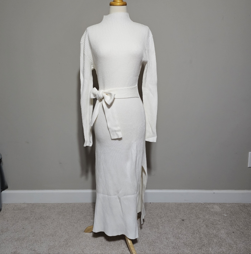 ANRABESS White Ribbed Knit Mock Neck Maxi Dress - Size M